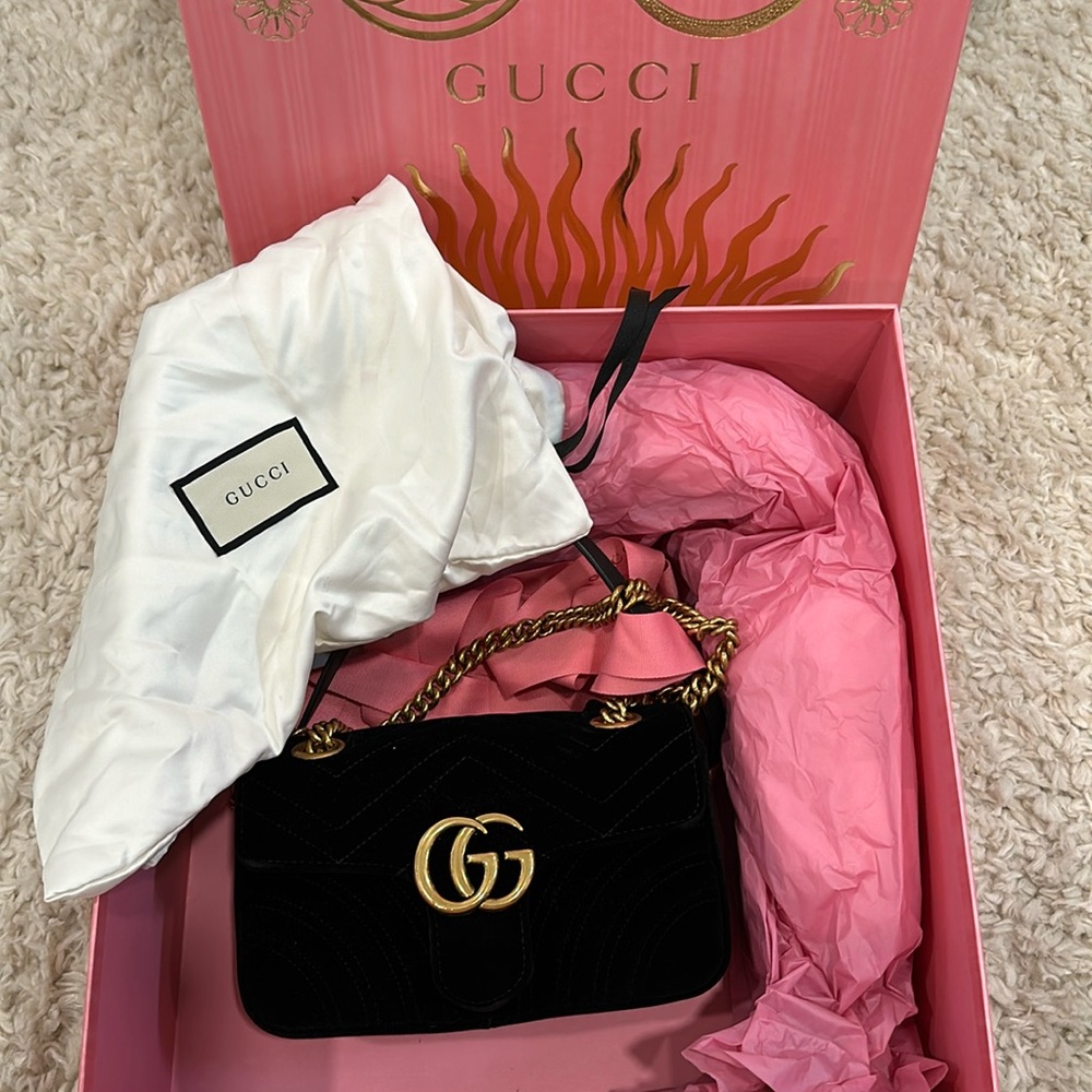 Gucci velvet black mini marmont shoulder crossbody bag antique gold hardware